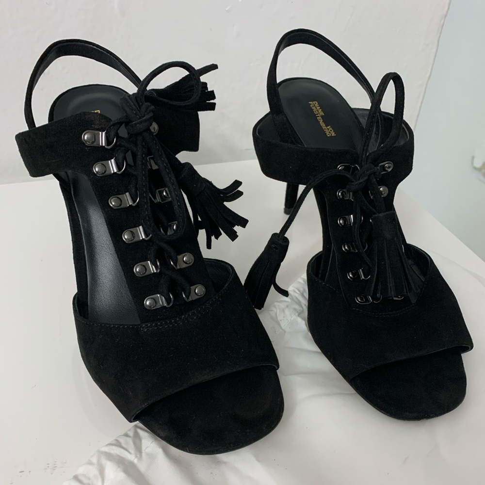 Diane von Furstenberg black suede heels.
